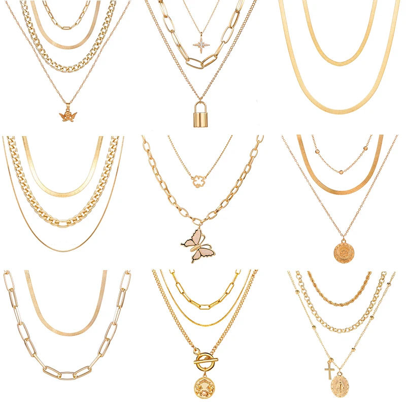 Bohemian Lock Butterfly Necklace For Women Party Multilayer Gold Coin Cross Beads Chain Sweater Jewelry Gift | Украшения и