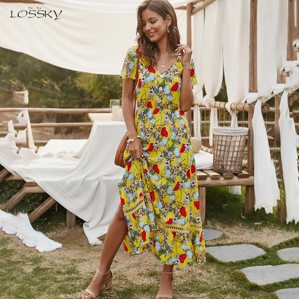 Robe Midi A Fleurs Pour Femme Vetement Ajuste Pour Tous Les Jours Rouge Fente Laterale Mode Ete Decontracte Aliexpress