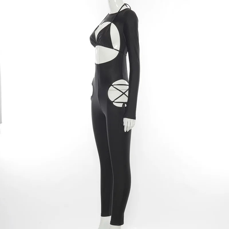 BKLD 2024 Fashion Women Spring New Round Neck Open Back Long Sleeve Bra Lace-Up Hollow Out Casual Pants One Piece Jumpsuits