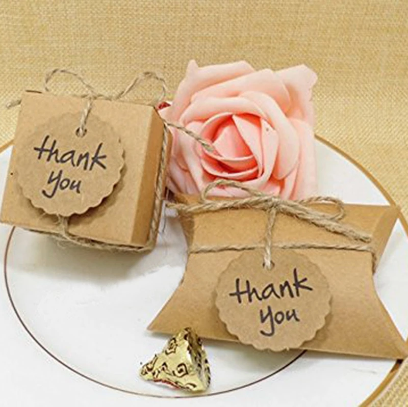 10pcs Thank You Kraft Paper Gift Box Pillow Cube Shape Candy Box Wedding Favor For Home Baby Shower Kids Birthday Party Supplies