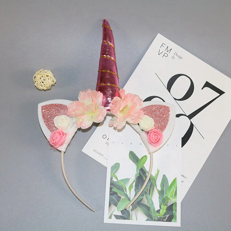Новая повязка на голову "Единорог" милые детские женские милые цветы Единорог Рог волос лента День рождения Цветок Цветочные Корона Головные уборы