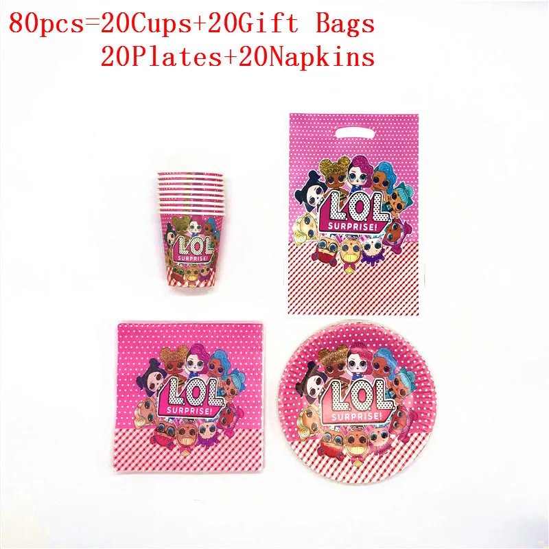 BeiPanLiZhi 80pcs Новая распродажа, 50/80 шт, куклы-сюрпризы, мультяшная тематика, свадебный подарочный мешок для конфет, для девочек, для вечеринки на день рождения, чашка+ тарелка+ подарочный пакет+ украшение для салфеток - Цвет: BeiPanLiZhi 80pcs