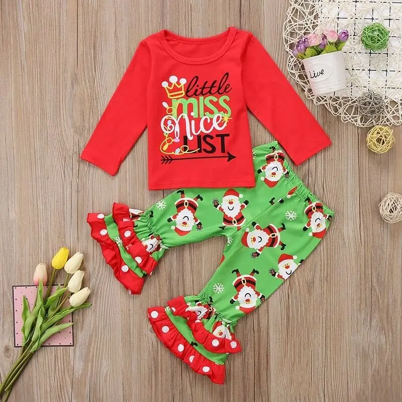 Коллекция года, весенне-осенняя одежда для малышей Рождественская хлопковая одежда для маленьких девочек топы с длинными рукавами, рубашка+ расклешенные штаны Одежда Санта-Клауса От 6 месяцев до 4 лет