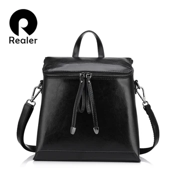 

REALER vintage women backpack, oil wax leather backpack for women, ladies school bags for teenagers girls female shoulder bag
