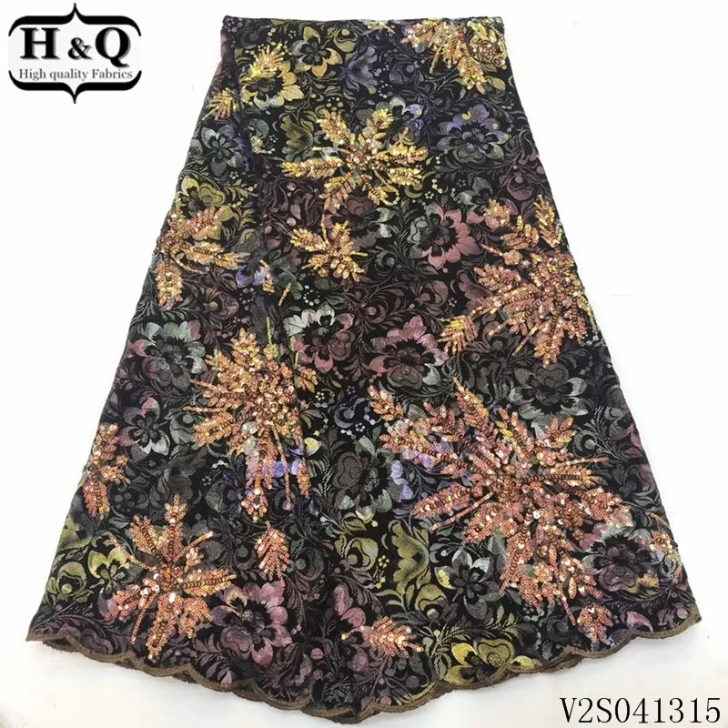

H&Q high quality velvet lace fabric 2020 embroidered with french sequins laces 5 yards/piece african mesh fabrics for sewing