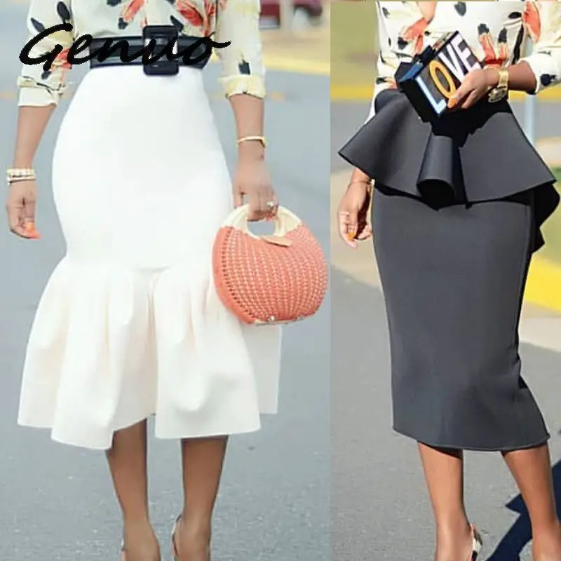 

Women Bodycon Pencil Skirt High Waist Slim Ruffles Modest Package Hip Tight Classy Saias Jupes Falads Elegant Office Work Wear