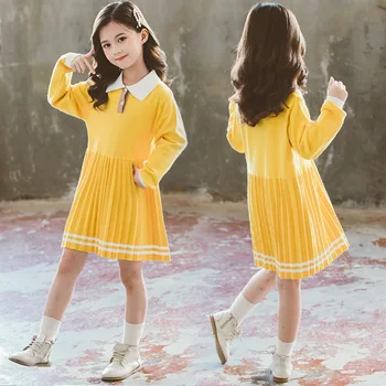 

Girls Knitted Dress Long-sleeved Spring Autumn Yellow Girls Dress 2020 New Girls Sweater Dress College Style Pleated Dress 10 Y