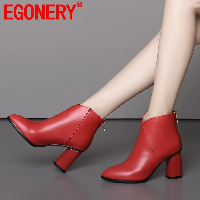 

EGONERY 2019 winter new concise office ankle boots outside high heels zip pointed toe genuine leather women shoes drop shipping