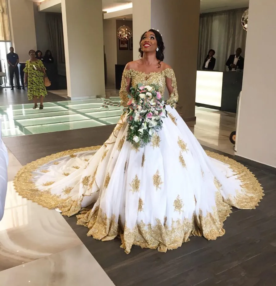 A-line Gold Lace Wedding Dresses For 