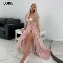 

LORIE Dusty Pink Evening Dresses Spaghetti Strap High Side A Line Saudi Arabia Embroidered Crystal Prom Dress Formal Party Gowns