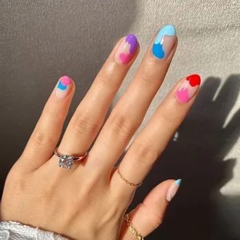 

24pcs/box Color graffiti fake nails french manicure oval head false nails designed for girls artificial nails with glue