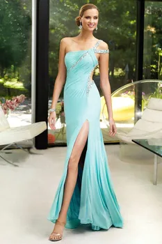 

Custom Distinctive One- Shoulder Full Length High Slit Light Blue Open Back Sheath Prom Party Gown 2018 bridesmaid dresses