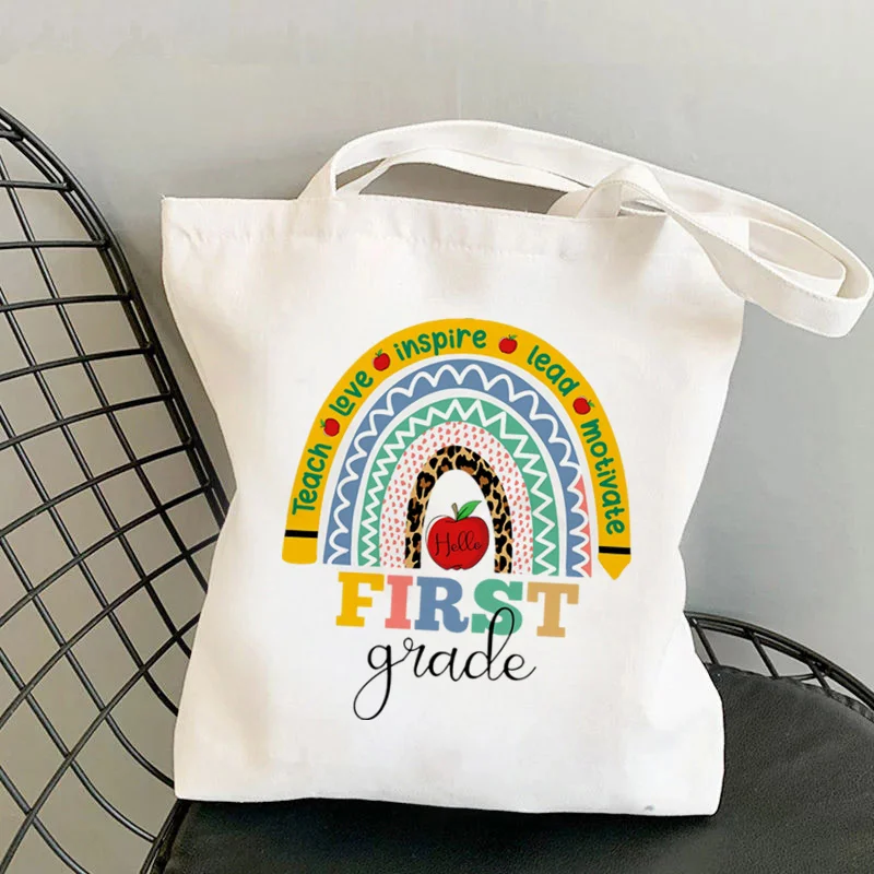 

Teacher Supplies Hello First Grade Rainbow Printed Tote Bag women shopper Funny handbag Shoulder shopping Lady gift Canvas Bag