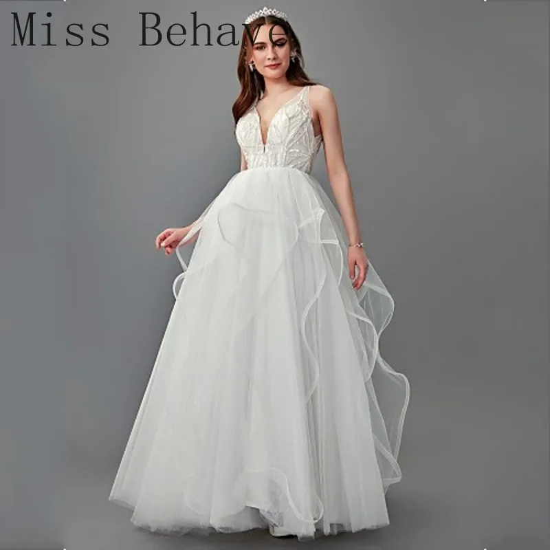 

DD JYOY Sexy Open Back Ball Gown Wedding Dress with Trian Deep V Neck Luxury Beaded Design Plus Size Wedding Gown Bridal