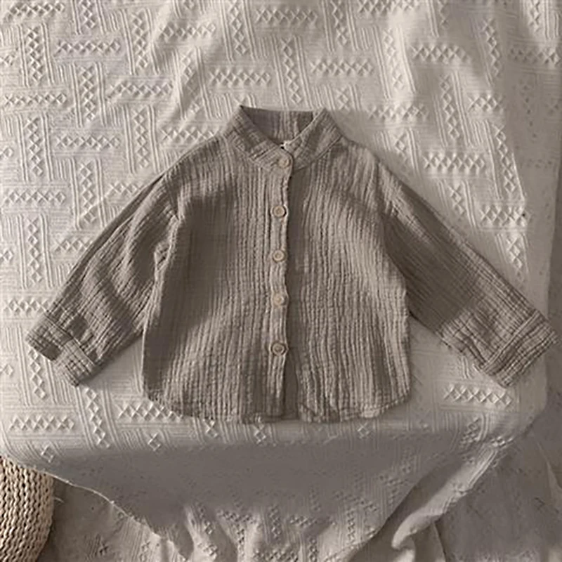 Children's Retro Muslin 100% Cotton Shirts Spring Autumn New Korean Boys And Girls Casual Stand-Up Collar Button Tops WT042