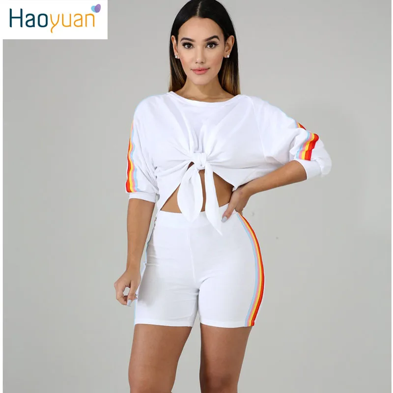 

HAOYUAN Two Piece Set Summer Clothes for Women Tracksuit Fall Crop Top and Biker Shorts Sweat Sui Birthday Outfits Matching Sets