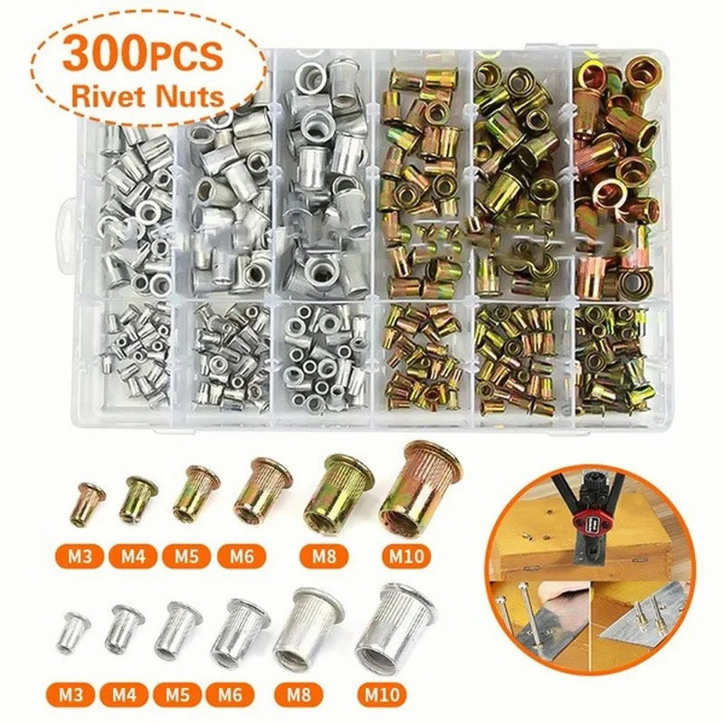 

300PCS M3 M4 M5 M6 M8 M10 Zinc Plated Rivet Nuts Blind Set Nutserts Threaded Insert Nutsert Cap Flat Head Rivet Nut Carbon Steel