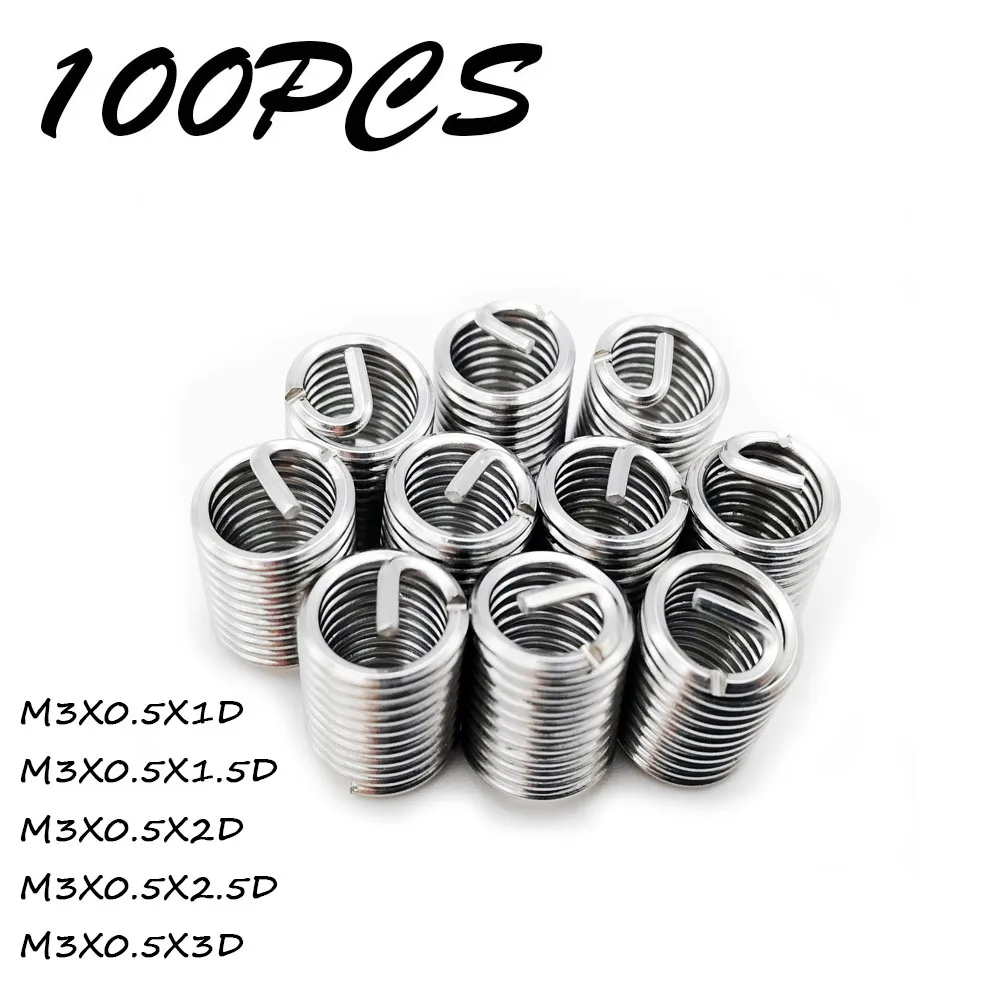 

100pcs Silver M3*0.5*1D/1.5D/2D/2.5D/3D Thread Repair Insert Kit Set Stainless Steel For Hardware Repair Tools