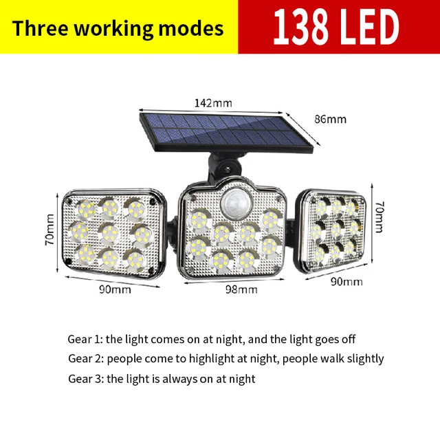 20w Solar Lights 108/122/138 LED Waterproof Outdoor Indoor Solar Lamp With Motion Sensor Adjustable Head Wide Lighting Angle 138LED