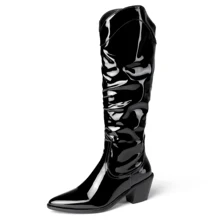

Patent Leather Pleated Autumn And Winter Women's Knee-Length Boots 2020 Bright Leather Pointed Toe Thick Heel V-Mouth Boots