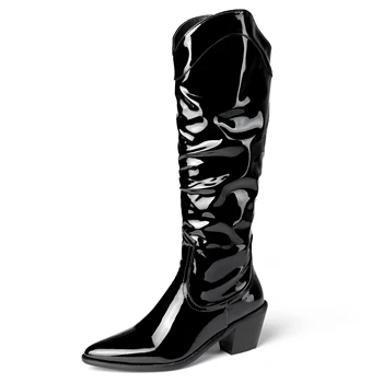 

Patent Leather Pleated Autumn And Winter Women's Knee-Length Boots 2020 Bright Leather Pointed Toe Thick Heel V-Mouth Boots