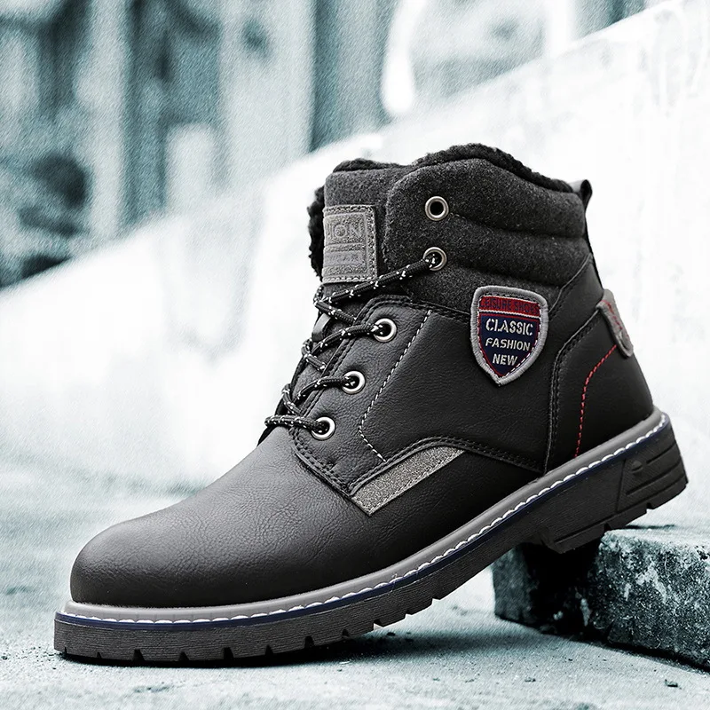 Merkmak Winter Warm Fur Men's Boots Leather Ankle Boots Waterproof Snow Boots Outdoor Desert Boots Comfortable Motorcycle Boots