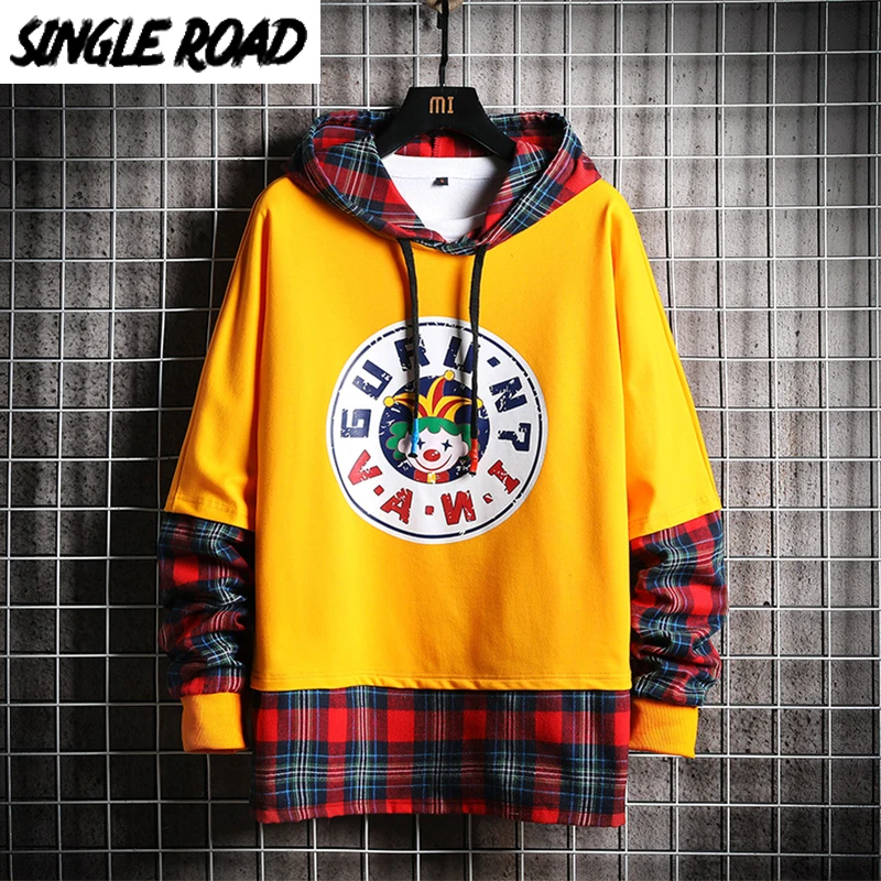 SingleRoad Men's Hoodies Men 2020 Autumn Plaid Patchwork Funny Harajuku Japanese Streetwear Yellow Hoodie Men Sweatshirt Male SingleRoad Men's Hoodies Men 2020 Autumn Plaid Patchwork Funny Harajuku Japanese Streetwear Yellow Hoodie Men Sweatshirt Male