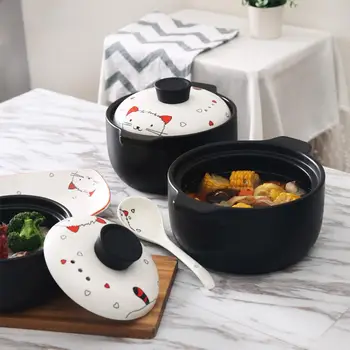 

1.3L Cute Cartoon Cat Pattern Printing Ceramic Soup Pot Stew Pot Casserole Cooking Pot Cookware Ceramic Soup Pot Kitchen Cooking
