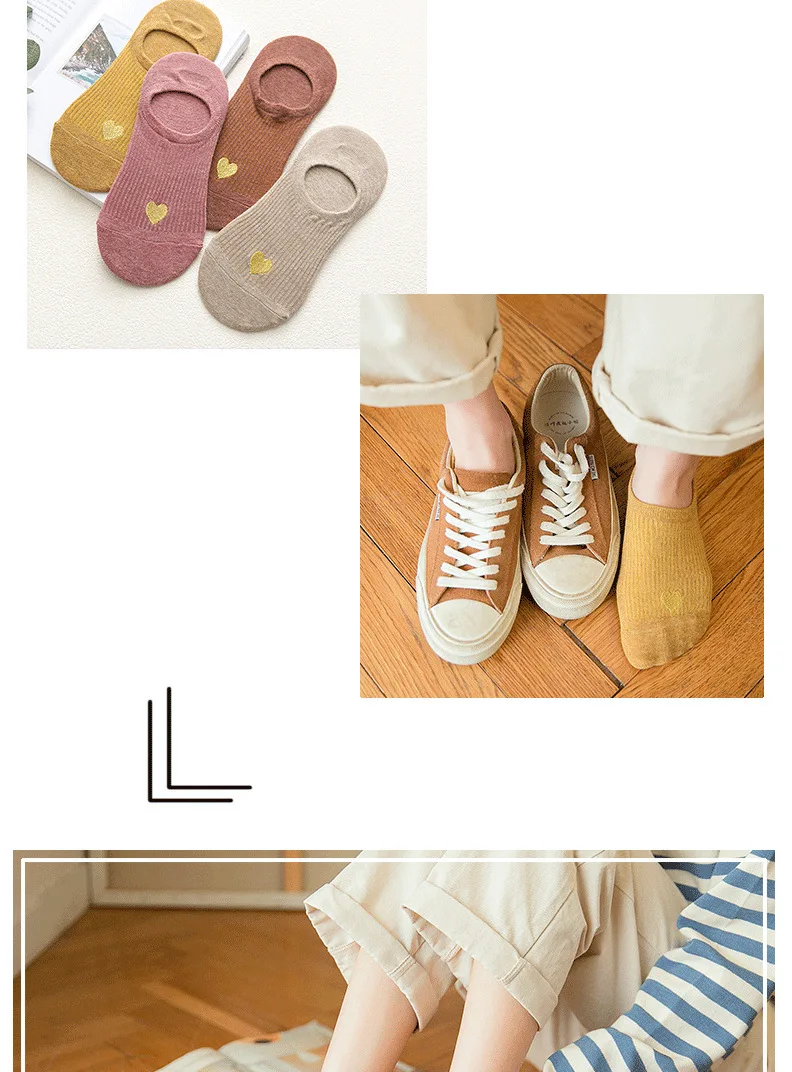 Spring And Summer New Style Short Socks Japanese-style Gold Lines Heart Embroidered WOMEN'S Invisible Socks Shallow Mouth WOMEN'