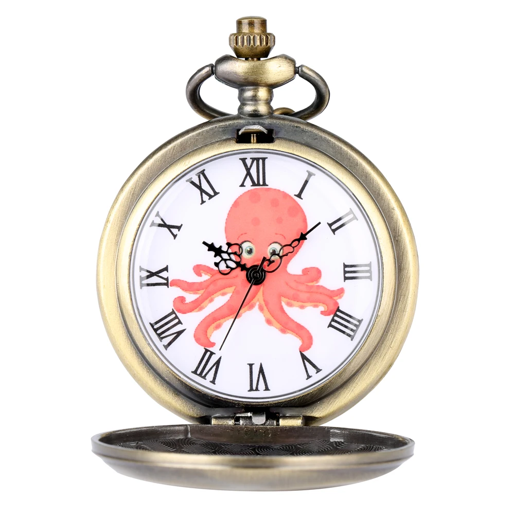 Bronze Octopus Hollow Quartz Pocket Watch Vintage Necklace Pendant FOB Clock for Kids Men Women Chain Retro reloj with Accessory