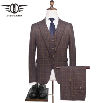 

Plyesxale New Brand Men Suit 2019 Wedding Suits For Men 3 Pieces Slim Fit Coffee Suit Man High Quality Plaid Formal Tuxedo Q210