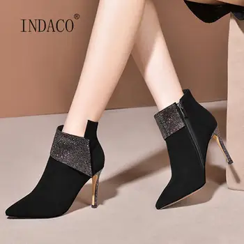 

2020 New Autumn Winter Boots Women Black Suede High Heel Boots Rhinestone Ankle Boots For Women Pointed Toe Warm Party Shoes
