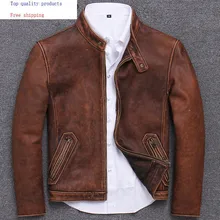 Ретро куртка из натуральной кожи, Мужская Осенняя мотоциклетная кожаная куртка, натуральная коровья кожа, куртки, тонкая винтажная S681 KJ3210