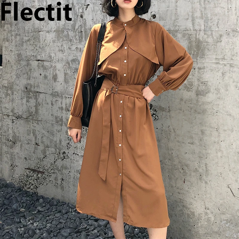 

Flectit Business Chic Women Shirt Dress Front Storm Flaps Button Up Long Sleeve Stand Collar Tie Belted Waist Midi Dress *
