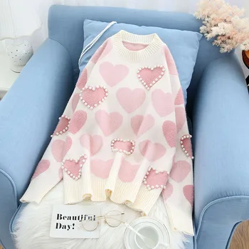 

o-neck knitted women sweater and pullovers pearl beaded sweet lady elegant pullovers outwear coat tops