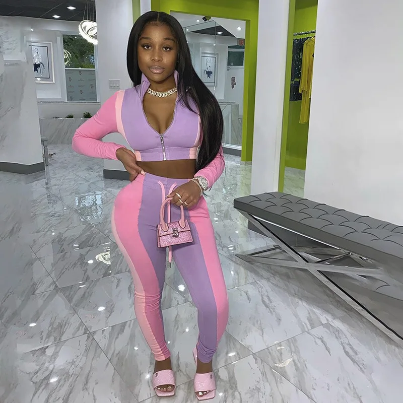 

NCLAGEN Contrast Color Patchwork Women Gyms Two Pieces Set Zip Up Cropped Top T Shirt And Casual Pants Running Yogaing Tracksuit