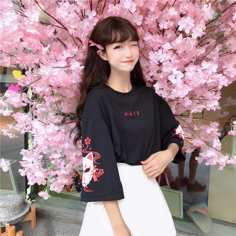 Лиса в древнем стиле свободные Japanese Harajuku женские футболки Винтаж принт Черная футболка короткий рукав леди топы Летняя Свободная Женская футболка