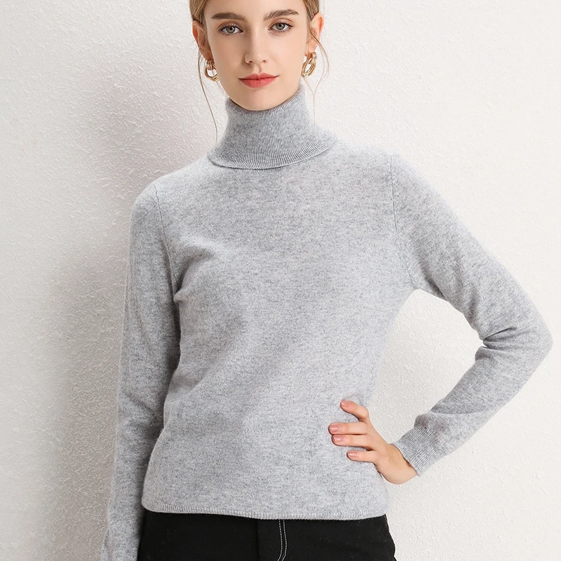 light grey Женские свитера из чистого кашемира, вязаные пуловеры с высоким воротом, зимние женские мягкие теплые Джемперы, 10 цветов,, модный свитер - Цвет: light grey