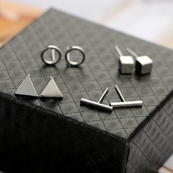 

Fashion 4 Pairs/Set Geometric Stud Earrings Women Black Gold Silver Color Round Triangle Cubic Bar Boho Punk Jewelry