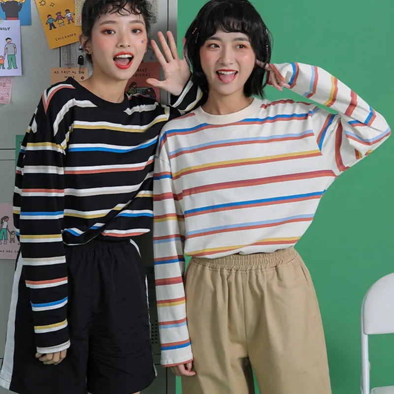 

Autumn Ladies Korean Rainbow Striped T shirt Oversized Long-sleeved Aesthetic Gothic O neck Stranger Things Tee