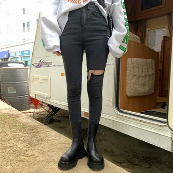 

Women Ripped Holes Trousers Black Jeans Elastic High Waist Skinny Denim Jeans Winter Casual Stretch Pencil Pants Female 2019