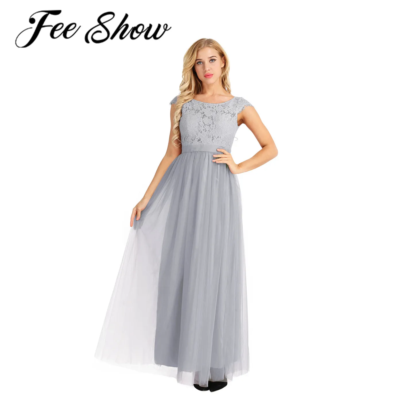 

Feeshow Elegant Sleeveless Bridesmaid Women Ladies Dresses Long Chiffon Wedding Party Formal Tulle Ball Gowns Floor Length Dress