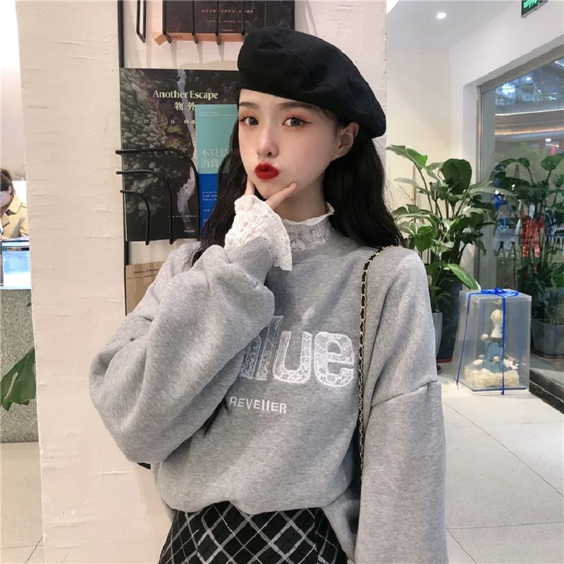 gray Корейская версия ins Harajuku модный Кружевной Край поддельный два плюс бархат толстый женский свитер с длинными рукавами Осень женский - Цвет: gray