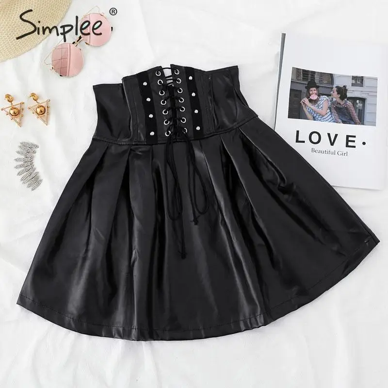 Simplee Sexy кожанoе мини-юбкa Осень зима женщины высокой талией ремешок плиссированные юбки Повседневная A-Line