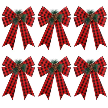 

Christmas Red Buffalo Plaid Bows Waterproof Bows Ornaments with Pinecone Christmas Tree Decorations, 6 Pack, 9 x 12-Inch