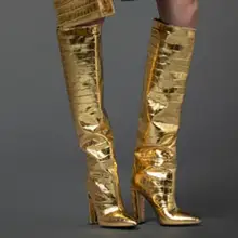 Inverno nuova donna moda oro nero argento tinta unita 75 mm tacchi quadrati stivali alti al ginocchio partito Slip On Run Way Botas scarpe