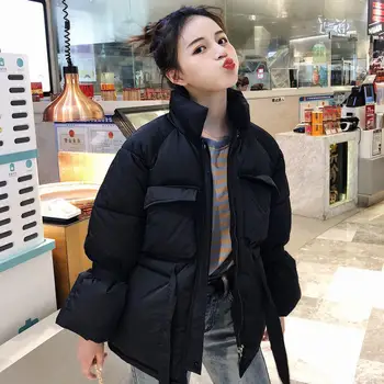 

Winter Women Short Parkas Jacket New Fashion Warm Thick Adjustable Waist Jacket Casual Solid Winter Jackets Women Padded Q2111