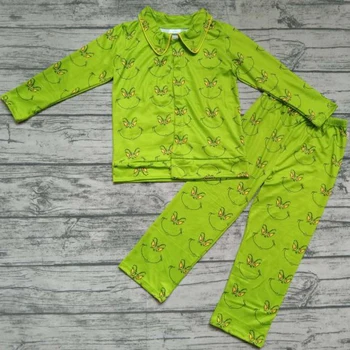 

Baby boys girls Christmas style pajamas green background popular cartoon pattern