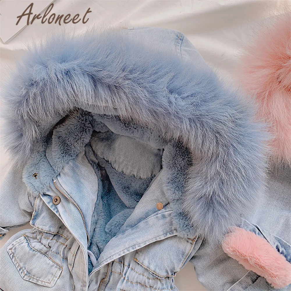 ARLONEET/джинсовые пальто теплое зимнее плотное пальто для маленьких девочек верхняя одежда на молнии с капюшоном из меха и флиса детское пальто Одежда для девочек с карманами