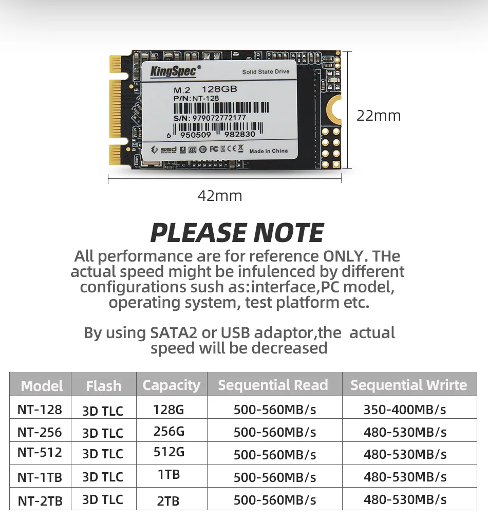 Kingspec 2280 2242 SATA сигнал M.2 SSD 128GB 256GB 512GB 1 ТБ M.2 SSD To USB3.0 HDD Box внутренний жесткий диск для ноутбуков/настольных ПК